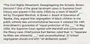 *The Civil Rights Movement: Desegregating the Schools: Brown Decision:* One of the great landmark cases in Supreme Court history was argued in the early 1950s by a team of NAACP ___ led by Thurgood Marshall. In Brown v. Board of Education of Topeka, they argued that segregation of black children in the public schools was unconstitutional because it violated the 14th Amendment's guarantee of "equal protection of the ___." In May 1954, the Supreme Court agreed with Marshall and overturned the Plessy case. Chief Justice Earl Warren ruled that: 1) "Separate facilities are inherently ___" and unconstitutional. 2) School segregation should end with "all deliberate speed."