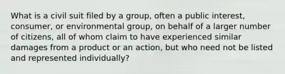 What is a civil suit filed by a group, often a public interest, consumer, or environmental group, on behalf of a larger number of citizens, all of whom claim to have experienced similar damages from a product or an action, but who need not be listed and represented individually?