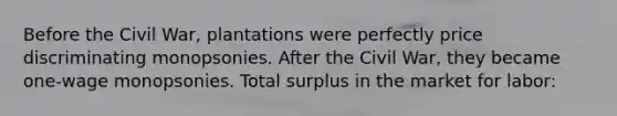 Before the Civil War, plantations were perfectly price discriminating monopsonies. After the Civil War, they became one-wage monopsonies. Total surplus in the market for labor: