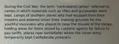 During the Civil War, the term "contraband camps" referred to: camps in which materials such as rifles and gunpowder were kept. camps of southern slaves who had escaped from their masters and entered Union lines. training grounds for the youthful musicians who played to raise the morale of the troops. holding areas for items seized by customs agents for failure to pay tariffs. places near battlefields where the Union army temporarily kept Confederate prisoners.