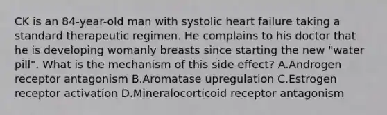 CK is an 84-year-old man with systolic heart failure taking a standard therapeutic regimen. He complains to his doctor that he is developing womanly breasts since starting the new "water pill". What is the mechanism of this side effect? A.Androgen receptor antagonism B.Aromatase upregulation C.Estrogen receptor activation D.Mineralocorticoid receptor antagonism