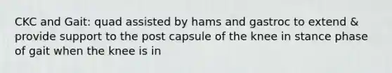 CKC and Gait: quad assisted by hams and gastroc to extend & provide support to the post capsule of the knee in stance phase of gait when the knee is in