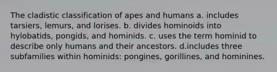 The cladistic classification of apes and humans a. includes tarsiers, lemurs, and lorises. b. divides hominoids into hylobatids, pongids, and hominids. c. uses the term hominid to describe only humans and their ancestors. d.includes three subfamilies within hominids: pongines, gorillines, and hominines.