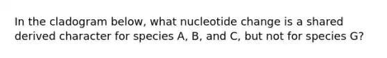 In the cladogram below, what nucleotide change is a shared derived character for species A, B, and C, but not for species G?