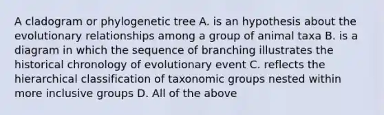 A cladogram or phylogenetic tree A. is an hypothesis about the evolutionary relationships among a group of animal taxa B. is a diagram in which the sequence of branching illustrates the historical chronology of evolutionary event C. reflects the hierarchical classification of taxonomic groups nested within more inclusive groups D. All of the above