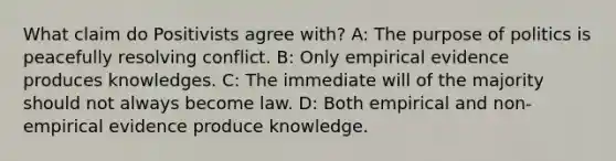 What claim do Positivists agree with? A: The purpose of politics is peacefully resolving conflict. B: Only empirical evidence produces knowledges. C: The immediate will of the majority should not always become law. D: Both empirical and non-empirical evidence produce knowledge.