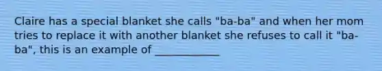 Claire has a special blanket she calls "ba-ba" and when her mom tries to replace it with another blanket she refuses to call it "ba-ba", this is an example of ____________