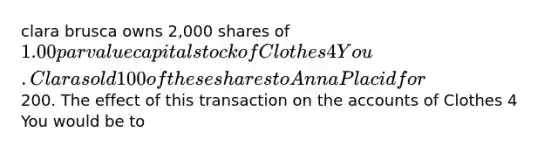 clara brusca owns 2,000 shares of 1.00 par value capital stock of Clothes 4 You. Clara sold 100 of these shares to Anna Placid for200. The effect of this transaction on the accounts of Clothes 4 You would be to