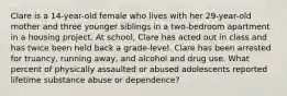 Clare is a 14-year-old female who lives with her 29-year-old mother and three younger siblings in a two-bedroom apartment in a housing project. At school, Clare has acted out in class and has twice been held back a grade-level. Clare has been arrested for truancy, running away, and alcohol and drug use. What percent of physically assaulted or abused adolescents reported lifetime substance abuse or dependence?