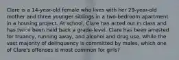 Clare is a 14-year-old female who lives with her 29-year-old mother and three younger siblings in a two-bedroom apartment in a housing project. At school, Clare has acted out in class and has twice been held back a grade-level. Clare has been arrested for truancy, running away, and alcohol and drug use. While the vast majority of delinquency is committed by males, which one of Clare's offenses is most common for girls?