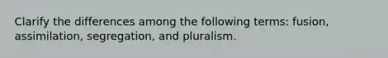 Clarify the differences among the following terms: fusion, assimilation, segregation, and pluralism.