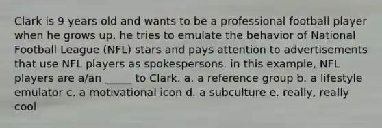 Clark is 9 years old and wants to be a professional football player when he grows up. he tries to emulate the behavior of National Football League (NFL) stars and pays attention to advertisements that use NFL players as spokespersons. in this example, NFL players are a/an _____ to Clark. a. a reference group b. a lifestyle emulator c. a motivational icon d. a subculture e. really, really cool