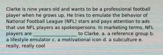 Clarke is nine years old and wants to be a professional football player when he grows up. He tries to emulate the behavior of National Football League (NFL) stars and pays attention to ads that use NFL players as spokespersons. In marketing terms, NFL players are ___________________ to Clarke. a. a reference group b. a lifestyle emulator c. a motivational icon d. a subculture e. really, really cool