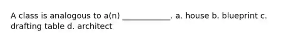 A class is analogous to a(n) ____________. a. house b. blueprint c. drafting table d. architect