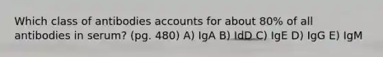 Which class of antibodies accounts for about 80% of all antibodies in serum? (pg. 480) A) IgA B) IdD C) IgE D) IgG E) IgM