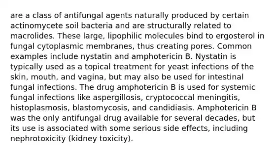 are a class of antifungal agents naturally produced by certain actinomycete soil bacteria and are structurally related to macrolides. These large, lipophilic molecules bind to ergosterol in fungal cytoplasmic membranes, thus creating pores. Common examples include nystatin and amphotericin B. Nystatin is typically used as a topical treatment for yeast infections of the skin, mouth, and vagina, but may also be used for intestinal fungal infections. The drug amphotericin B is used for systemic fungal infections like aspergillosis, cryptococcal meningitis, histoplasmosis, blastomycosis, and candidiasis. Amphotericin B was the only antifungal drug available for several decades, but its use is associated with some serious side effects, including nephrotoxicity (kidney toxicity).