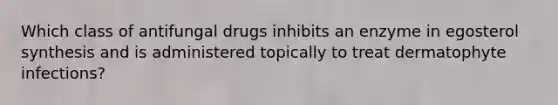 Which class of antifungal drugs inhibits an enzyme in egosterol synthesis and is administered topically to treat dermatophyte infections?