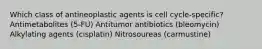 Which class of antineoplastic agents is cell cycle-specific? Antimetabolites (5-FU) Antitumor antibiotics (bleomycin) Alkylating agents (cisplatin) Nitrosoureas (carmustine)