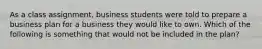 As a class assignment, business students were told to prepare a business plan for a business they would like to own. Which of the following is something that would not be included in the plan?