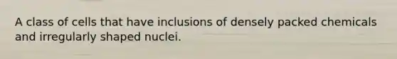 A class of cells that have inclusions of densely packed chemicals and irregularly shaped nuclei.