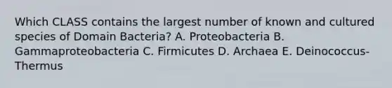 Which CLASS contains the largest number of known and cultured species of Domain Bacteria? A. Proteobacteria B. Gammaproteobacteria C. Firmicutes D. Archaea E. Deinococcus-Thermus