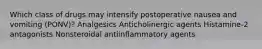 Which class of drugs may intensify postoperative nausea and vomiting (PONV)? Analgesics Anticholinergic agents Histamine-2 antagonists Nonsteroidal antiinflammatory agents