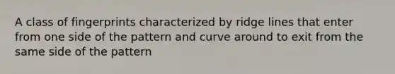 A class of fingerprints characterized by ridge lines that enter from one side of the pattern and curve around to exit from the same side of the pattern