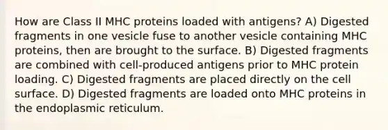 How are Class II MHC proteins loaded with antigens? A) Digested fragments in one vesicle fuse to another vesicle containing MHC proteins, then are brought to the surface. B) Digested fragments are combined with cell-produced antigens prior to MHC protein loading. C) Digested fragments are placed directly on the cell surface. D) Digested fragments are loaded onto MHC proteins in the endoplasmic reticulum.