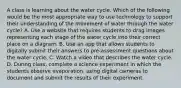 A class is learning about the water cycle. Which of the following would be the most appropriate way to use technology to support their understanding of the movement of water through the water cycle? A. Use a website that requires students to drag images representing each stage of the water cycle into their correct place on a diagram. B. Use an app that allows students to digitally submit their answers to pre-assessment questions about the water cycle. C. Watch a video that describes the water cycle. D. During class, complete a science experiment in which the students observe evaporation, using digital cameras to document and submit the results of their experiment.