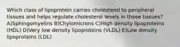 Which class of lipoprotein carries cholesterol to peripheral tissues and helps regulate cholesterol levels in those tissues? A)Sphingomyelins B)Chylomicrons C)High density lipoproteins (HDL) D)Very low density lipoproteins (VLDL) E)Low density lipoproteins (LDL)