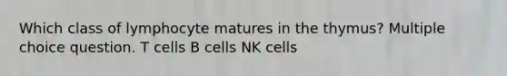 Which class of lymphocyte matures in the thymus? Multiple choice question. T cells B cells NK cells