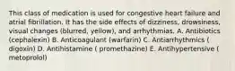 This class of medication is used for congestive heart failure and atrial fibrillation. It has the side effects of dizziness, drowsiness, visual changes (blurred, yellow), and arrhythmias. A. Antibiotics (cephalexin) B. Anticoagulant (warfarin) C. Antiarrhythmics ( digoxin) D. Antihistamine ( promethazine) E. Antihypertensive ( metoprolol)