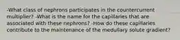 -What class of nephrons participates in the countercurrent multiplier? -What is the name for the capillaries that are associated with these nephrons? -How do these capillaries contribute to the maintenance of the medullary solute gradient?