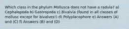 Which class in the phylum Mollusca does not have a radula? a) Cephalopoda b) Gastropoda c) Bivalvia (found in all classes of mollusc except for bivalves!) d) Polyplacophore e) Answers (A) and (C) f) Answers (B) and (D)