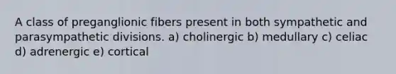 A class of preganglionic fibers present in both sympathetic and parasympathetic divisions. a) cholinergic b) medullary c) celiac d) adrenergic e) cortical