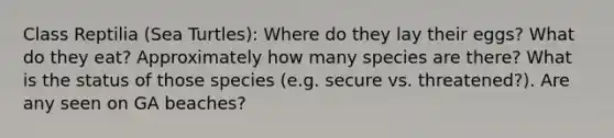 Class Reptilia (Sea Turtles): Where do they lay their eggs? What do they eat? Approximately how many species are there? What is the status of those species (e.g. secure vs. threatened?). Are any seen on GA beaches?