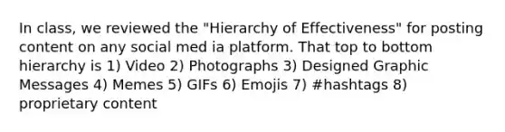 In class, we reviewed the "Hierarchy of Effectiveness" for posting content on any social med ia platform. That top to bottom hierarchy is 1) Video 2) Photographs 3) Designed Graphic Messages 4) Memes 5) GIFs 6) Emojis 7) #hashtags 8) proprietary content