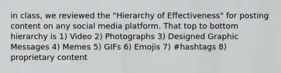 in class, we reviewed the "Hierarchy of Effectiveness" for posting content on any social media platform. That top to bottom hierarchy is 1) Video 2) Photographs 3) Designed Graphic Messages 4) Memes 5) GIFs 6) Emojis 7) #hashtags 8) proprietary content