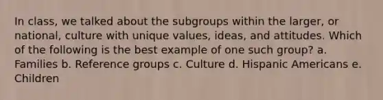 In class, we talked about the subgroups within the larger, or national, culture with unique values, ideas, and attitudes. Which of the following is the best example of one such group? a. Families b. Reference groups c. Culture d. Hispanic Americans e. Children