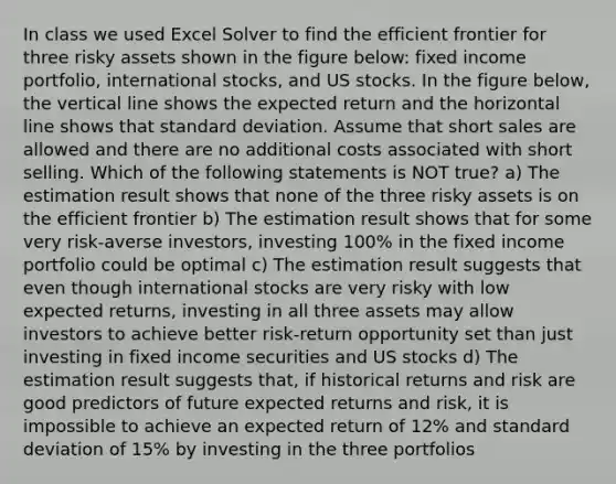 In class we used Excel Solver to find the efficient frontier for three risky assets shown in the figure below: fixed income portfolio, international stocks, and US stocks. In the figure below, the <a href='https://www.questionai.com/knowledge/k6j3Z69xQg-vertical-line' class='anchor-knowledge'>vertical line</a> shows the expected return and the horizontal line shows that <a href='https://www.questionai.com/knowledge/kqGUr1Cldy-standard-deviation' class='anchor-knowledge'>standard deviation</a>. Assume that short sales are allowed and there are no additional costs associated with short selling. Which of the following statements is NOT true? a) The estimation result shows that none of the three risky assets is on the efficient frontier b) The estimation result shows that for some very risk-averse investors, investing 100% in the fixed income portfolio could be optimal c) The estimation result suggests that even though international stocks are very risky with low expected returns, investing in all three assets may allow investors to achieve better risk-return opportunity set than just investing in fixed income securities and US stocks d) The estimation result suggests that, if historical returns and risk are good predictors of future expected returns and risk, it is impossible to achieve an expected return of 12% and standard deviation of 15% by investing in the three portfolios