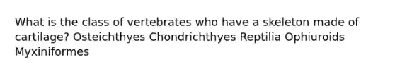 What is the class of vertebrates who have a skeleton made of cartilage? Osteichthyes Chondrichthyes Reptilia Ophiuroids Myxiniformes