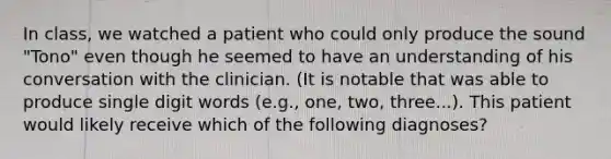 In class, we watched a patient who could only produce the sound "Tono" even though he seemed to have an understanding of his conversation with the clinician. (It is notable that was able to produce single digit words (e.g., one, two, three...). This patient would likely receive which of the following diagnoses?