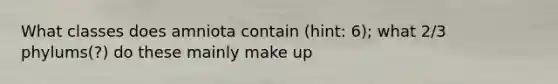 What classes does amniota contain (hint: 6); what 2/3 phylums(?) do these mainly make up
