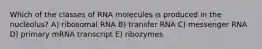 Which of the classes of RNA molecules is produced in the nucleolus? A) ribosomal RNA B) transfer RNA C) messenger RNA D) primary mRNA transcript E) ribozymes