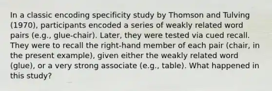 In a classic encoding specificity study by Thomson and Tulving (1970), participants encoded a series of weakly related word pairs (e.g., glue-chair). Later, they were tested via cued recall. They were to recall the right-hand member of each pair (chair, in the present example), given either the weakly related word (glue), or a very strong associate (e.g., table). What happened in this study?