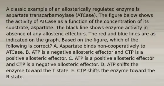 A classic example of an allosterically regulated enzyme is aspartate transcarbamoylase (ATCase). The figure below shows the activity of ATCase as a function of the concentration of its substrate, aspartate. The black line shows enzyme activity in absence of any allosteric effectors. The red and blue lines are as indicated on the graph. Based on the figure, which of the following is correct? A. Aspartate binds non-cooperatively to ATCase. B. ATP is a negative allosteric effector and CTP is a positive allosteric effector. C. ATP is a positive allosteric effector and CTP is a negative allosteric effector. D. ATP shifts the enzyme toward the T state. E. CTP shifts the enzyme toward the R state.