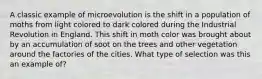 A classic example of microevolution is the shift in a population of moths from light colored to dark colored during the Industrial Revolution in England. This shift in moth color was brought about by an accumulation of soot on the trees and other vegetation around the factories of the cities. What type of selection was this an example of?