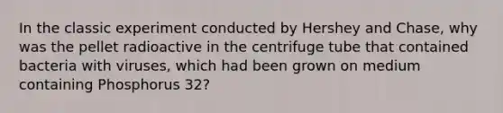 In the classic experiment conducted by Hershey and Chase, why was the pellet radioactive in the centrifuge tube that contained bacteria with viruses, which had been grown on medium containing Phosphorus 32?