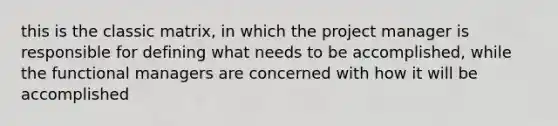 this is the classic matrix, in which the project manager is responsible for defining what needs to be accomplished, while the functional managers are concerned with how it will be accomplished