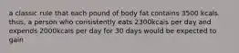 a classic rule that each pound of body fat contains 3500 kcals. thus, a person who consistently eats 2300kcals per day and expends 2000kcals per day for 30 days would be expected to gain